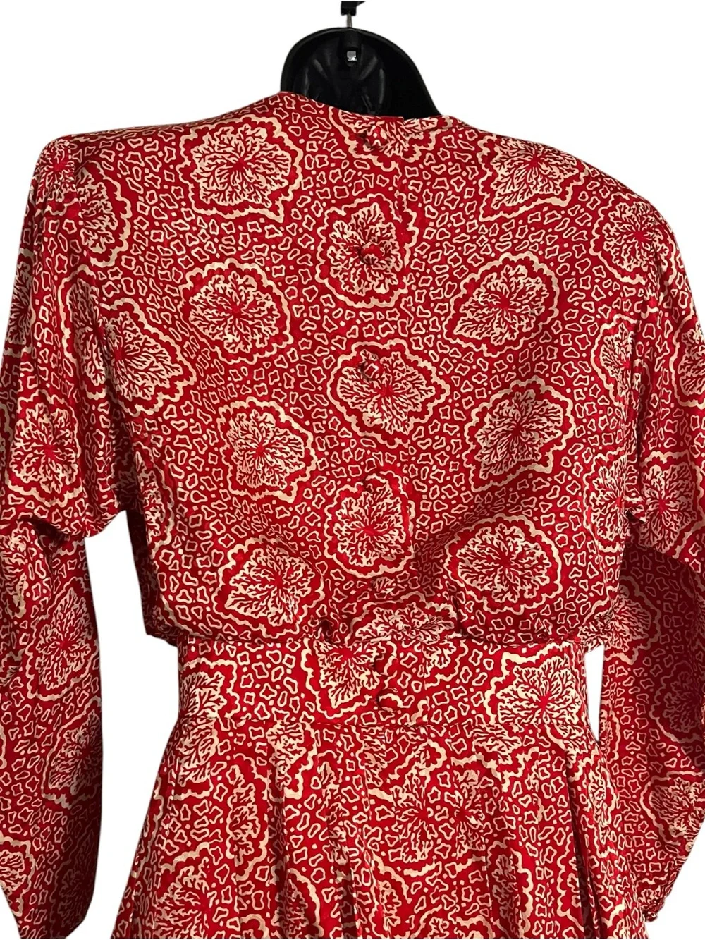 Vintage Raul Blanco Silk Dress Red Cream Print Size 8 Pleated Bodice Long Sleeve